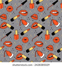 Flat bold female cosmetics seamless pattern. Beauty female concept with lips, lipsticks and nail polish. Trendy print design for textile, wallpaper, wrapping, background, packaging, stationary