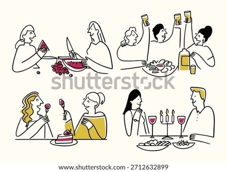 Flat Bold Line Illustrations Showing Moments of Togetherness Around Dinner, Featuring Couples, Families, and Friends