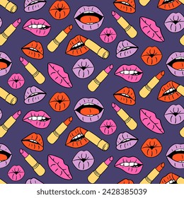 Flat bold lips and lipsticks seamless pattern. Beauty female concept. Trendy print design for textile, wallpaper, wrapping, background, packaging, stationary