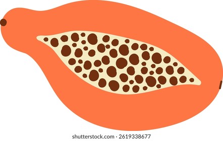 A flat, bold papaya half is shown with a simplified seed pattern.  The tropical fruit is depicted in a minimalist style showing the pulp and seeds. Cartoon vector illustration
