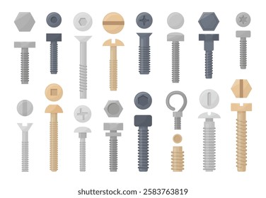 Flat bolts and screws. Cartoon screw and nail, silver and golden stainless tools for repair, construction. Fasteners with different threads neoteric vector set