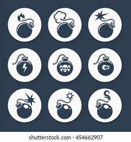 Flat bombs icons set with lit fuse vector