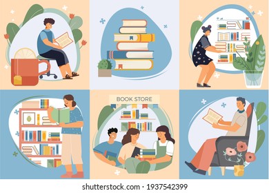 Flat book composition icon set with people people in the book store books on the home shelf and reading vector illustration