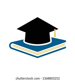 Flat Book with graduation cap - education icon, academic university hat isolated on white background. vector illustration