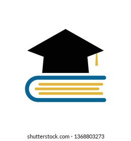 Flat Book with graduation cap - education icon, academic university hat isolated on white background. vector illustration