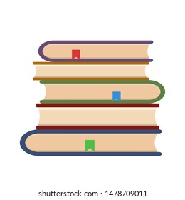 Flat book icon. Library books, open dictionary page and encyclopedia on stand. Pile of paper magazines, ebook globe and novel booklet, publishing vector isolated symbol