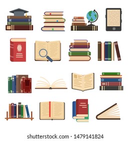 Flat book icons. Library books, open dictionary page and encyclopedia on stand. Pile of paper magazines, ebook globe and novel booklet, publishing vector isolated symbols set