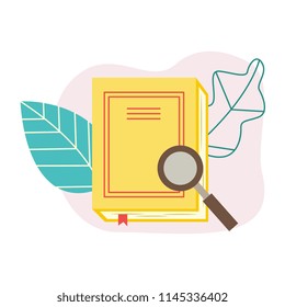 Flat book with magnifying glass on abstract leaves background. Symbol of education, library literature and wisdom. School, college or university studying equipment. Vector