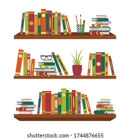 Flat book on bookshelves. Pile books on shelf with stationery and glasses for school room. Stack dictionary for education. Office folders on shelves. Bookshelf for classroom or bookstore. vector