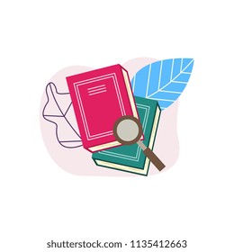 Flat book pile or column with magnifying glass on abstract leaves background. Symbol of education, library literature and wisdom. School, college or university studying equipment. Vector