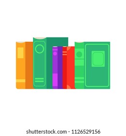 Flat book pile or column standing at bookshelf in row. Paper symbol of education, library literature and wisdom. School, college or university studying equipment. Vector isolated illustration.