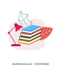 Flat book pile or column with table lapm on abstract floral background. Paper symbol of education, library literature and wisdom. School, college or university studying equipment. Vector illustration.