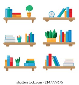 Flat Book Shelves with Colorful Objects. Cartoon Design Style.