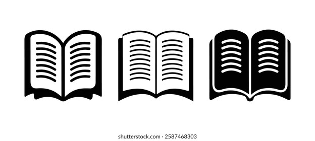 Flat Book Vector Icon for Education and Learning. Minimalist Open Book Icon for Library and Study Concepts. Black Silhouette Book Symbol for Knowledge and Literature