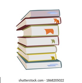 Libros planos con marcadores. De vuelta a la escuela y la educación. Conocimiento de la sabiduría e ilustración vectorial de la biblioteca. Libro con marcador. Pila de libros de fondo blanco. Pila de ilustraciones vectoriales de libros