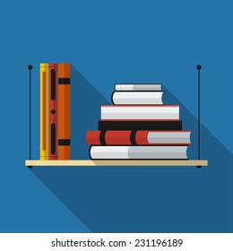 Flat bookshelf with long shadow. Vector icon, illustration. Modern design