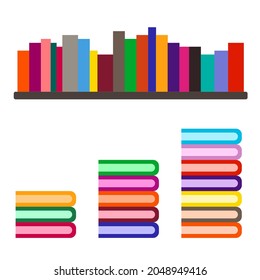 Flat bookshelf and pile of books with different colorful books on white background. 