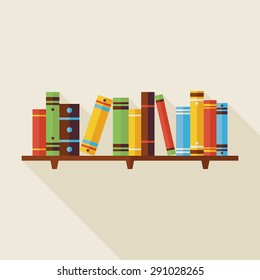 Flat Bookshelf Reading Books Illustration with Shadow. Back to School and Education Vector illustration. Flat Style Colorful Books with long Shadow. Library Interior. 