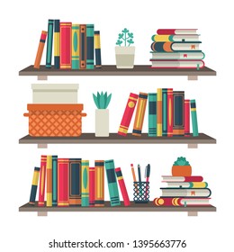 Flat bookshelves. Shelf book in room library, reading book office shelf wall interior study school bookcase and bookshelf vector background