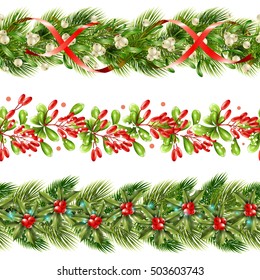 Flat border seamless pattern set with christmas holiday winter berries and ribbons vector illustration