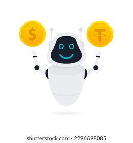 Flat bot banner. Financial investment trade. Artificial intelligence. Mobile stock trading concept. Trading bot. Cryptocurrency trading bot. Bot under the money rain. Vector illustration