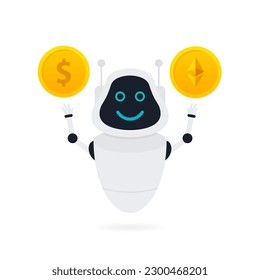 Flat bot banner. Financial investment trade. Artificial intelligence. Mobile stock trading concept. Trading bot. Cryptocurrency trading bot. Bot under the money rain. Vector illustration