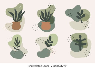 A flat botanical collection with potted plants and abstract shapes in a bohemian style.