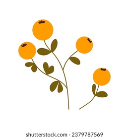 Flat botanical element. Branch with yellow berries and leaves. Minimalistic template on an isolated white background for cards, printing, graphics, decorative elements.	