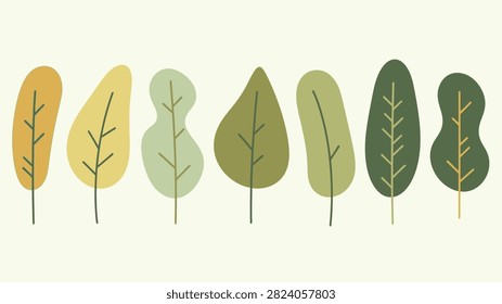 Flat botanical leaf assortment featuring modern organic shapes isolated on light background for eco branding, seasonal graphics, nature illustrations, decorative projects, botanical collections and creative visual resources.