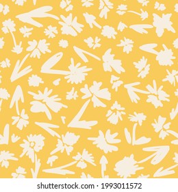 Flat botanical seamless repeat pattern. Random placed, vector abstract silhouette flowers with leaves all over surface print on yellow background.