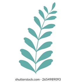 Flat Botanical Teal Leafy Branch with Symmetrical Leaves. Delicate cartoon wild plant. Cute nature herb perfect for invitations, cards, posters, holidays, stickers