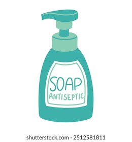 flat bottle with an antiseptic soap dispenser. Vector illustrations depict antibacterial soap, medical dispensers, alcohol-based products for clean and hygienic care. Cleansing against bacteria, germs