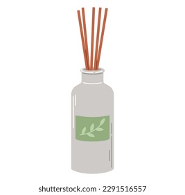 Flat bottle of aroma diffuser with reed sticks. Cartoon design element, spa and aromatherapy concept.