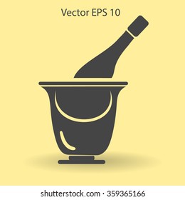 Flat bottle of champagne on ice icon. Vector