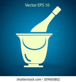 Flat bottle of champagne on ice icon. Vector