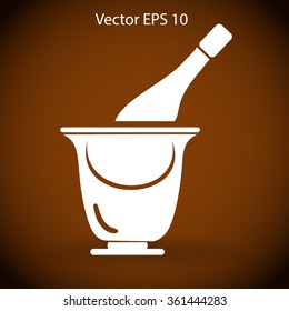 Flat bottle of champagne on ice icon. Vector
