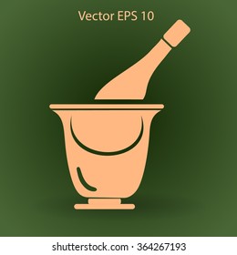 Flat bottle of champagne on ice icon. Vector
