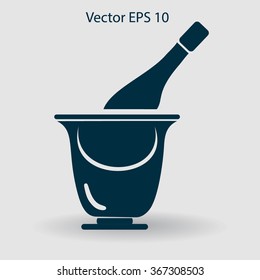 Flat bottle of champagne on ice icon. Vector