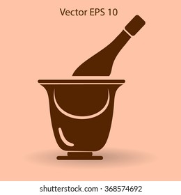 Flat bottle of champagne on ice icon. Vector