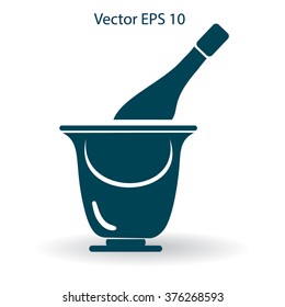 Flat bottle of champagne on ice icon. Vector