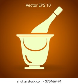 Flat bottle of champagne on ice icon. Vector
