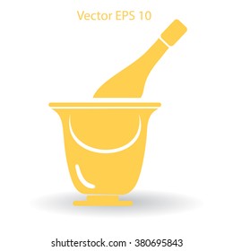 Flat bottle of champagne on ice icon. Vector