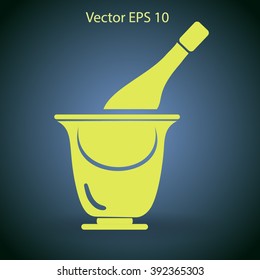 Flat bottle of champagne on ice icon. Vector
