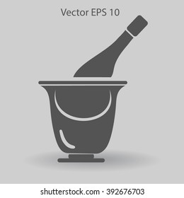 Flat bottle of champagne on ice icon. Vector