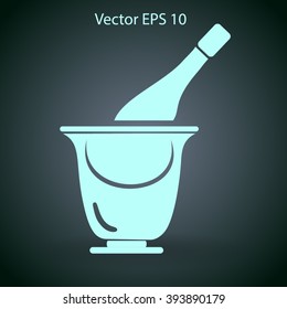 Flat bottle of champagne on ice icon. Vector