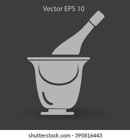 Flat bottle of champagne on ice icon. Vector