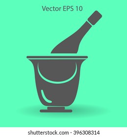 Flat bottle of champagne on ice icon. Vector