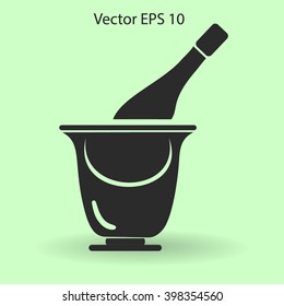 Flat bottle of champagne on ice icon. Vector