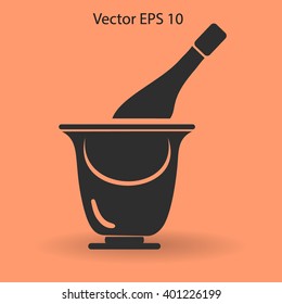 Flat bottle of champagne on ice icon. Vector