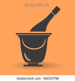 Flat bottle of champagne on ice icon. Vector